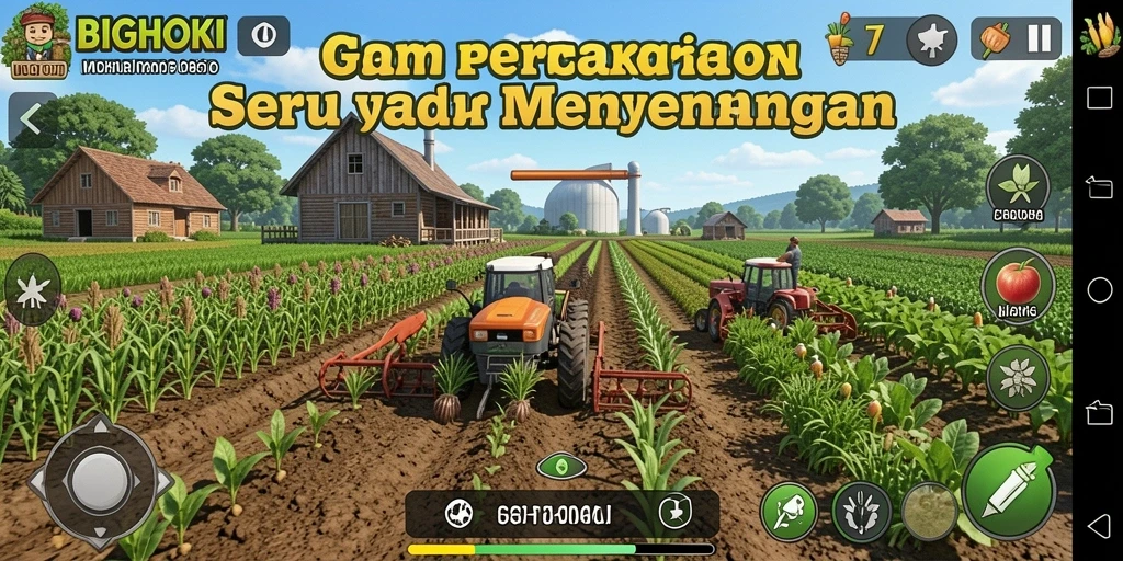 Tampilan gameplay BIGHOKI dalam petualangan pertanian yang seru.
