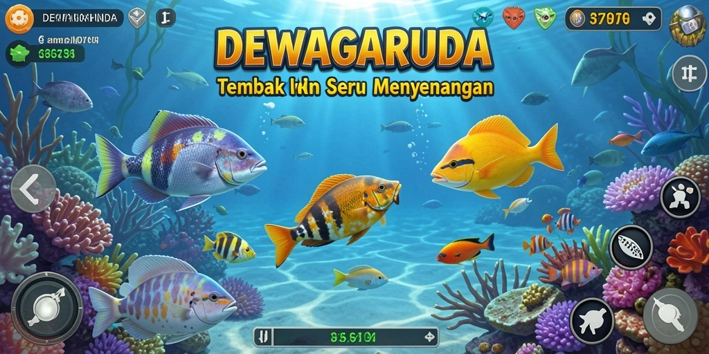 Tampilan gameplay seru di DEWAGARUDA dengan berbagai ikan menarik.