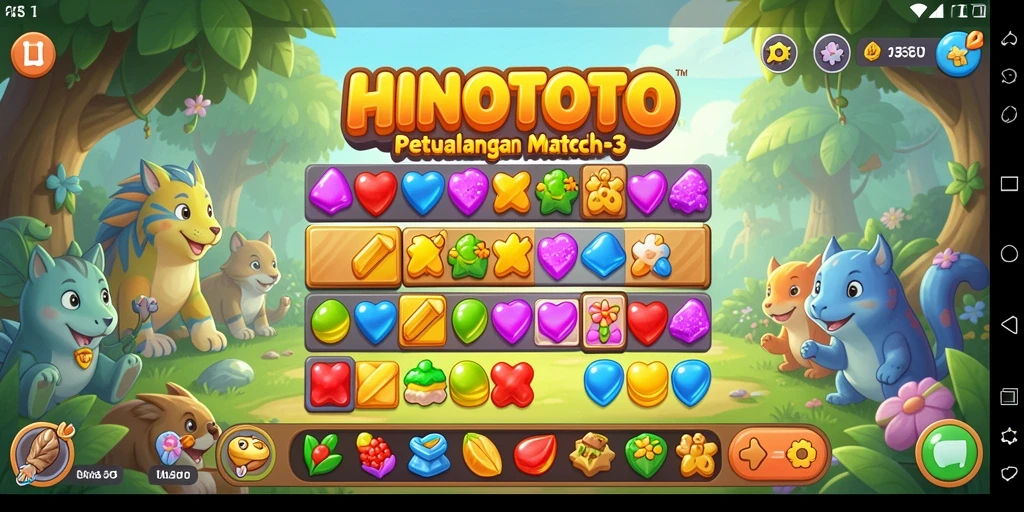 Tampilan gameplay seru HINOTOTO dengan elemen Match-3 yang menantang.