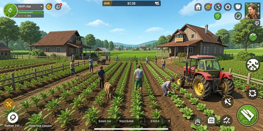 Screenshot utama KKRP menampilkan ladang yang subur dengan berbagai tanaman.