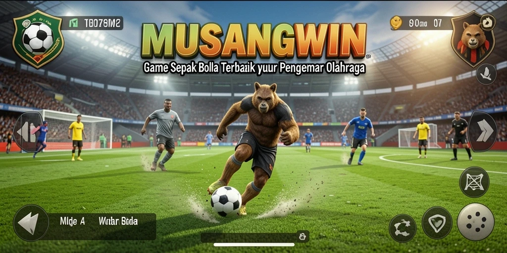Gambar tangkapan layar game MUSANGWIN menampilkan pertandingan sepak bola yang seru.