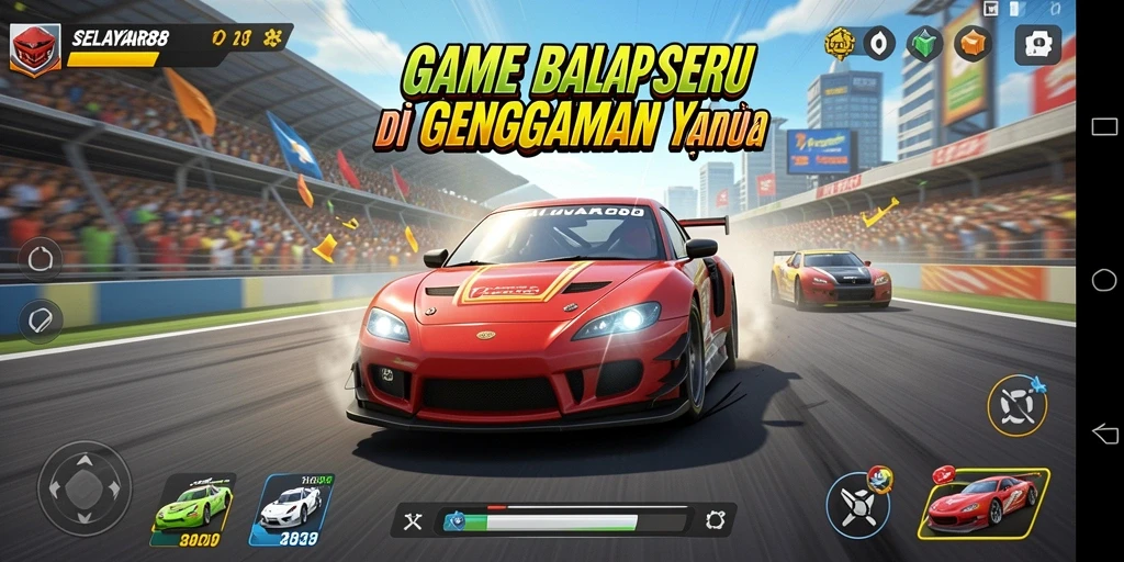 Tampilan gameplay di SELAYAR88 dengan mobil balap yang mendebarkan.
