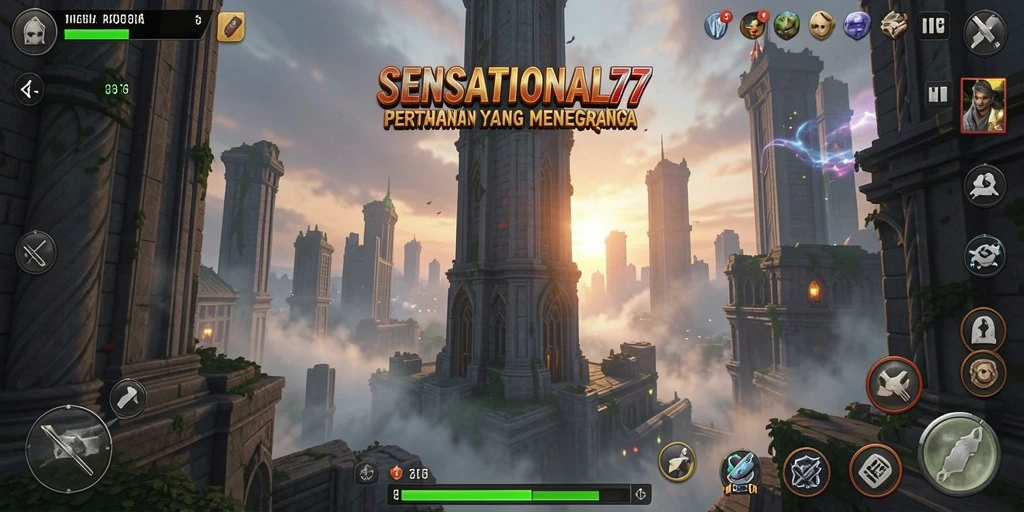 Tampilan gameplay menegangkan di SENSATIONAL77 dengan berbagai menara.